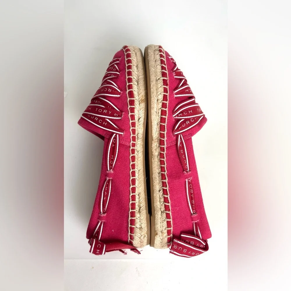 Tory Burch Grosgrains Crisscross Logo Ribbon Espadrilles Flats Red Size 5.5